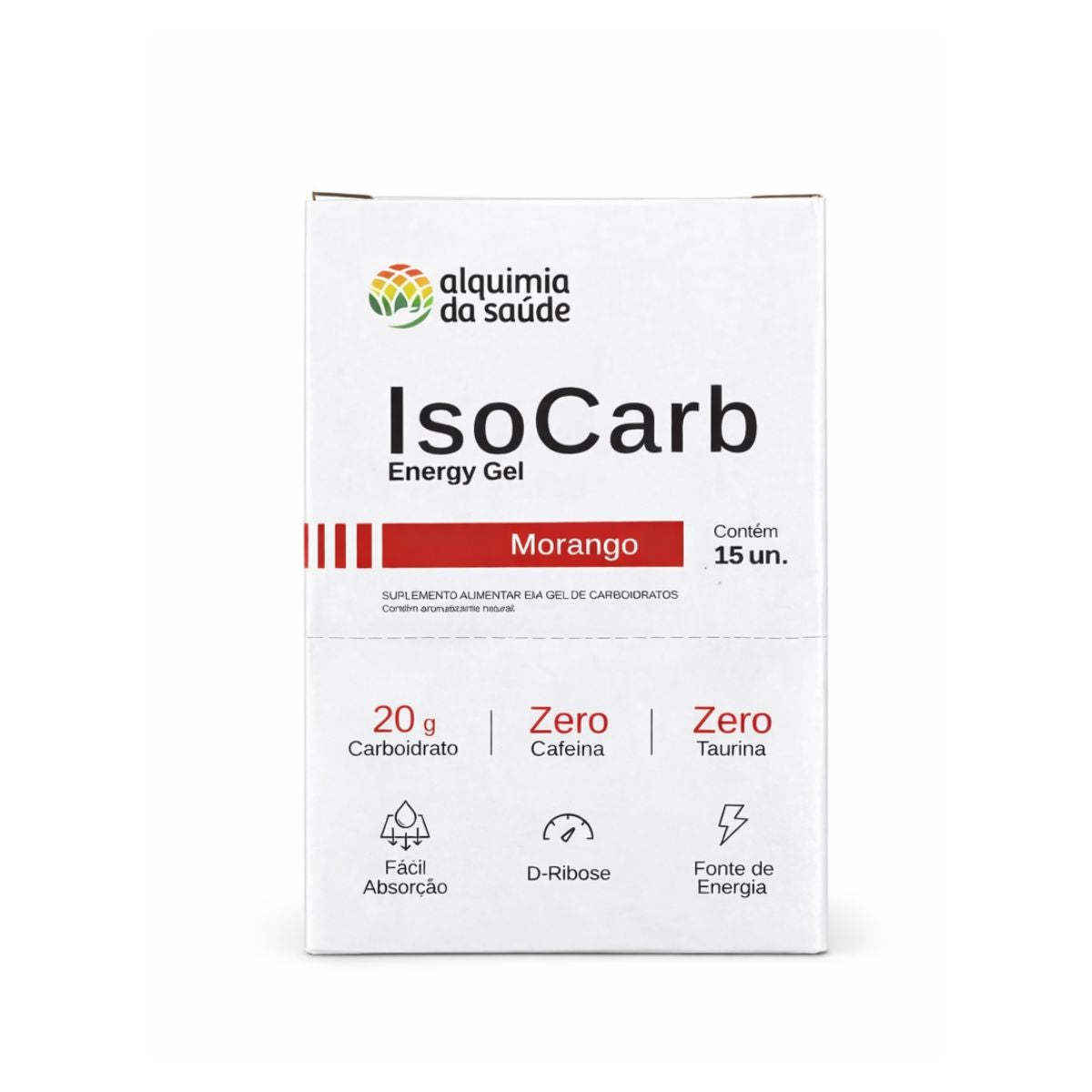 ISOCARB GEL ALQUIMIA DA SAUDE CAIXA COM 15 UNIDADES SABOR MORANGO