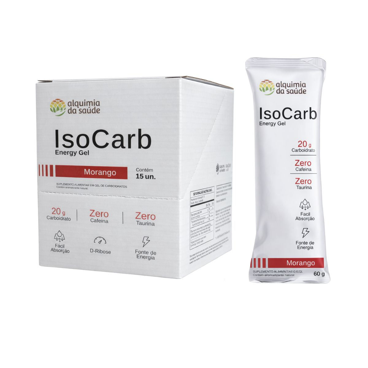 ISOCARB GEL ALQUIMIA DA SAUDE CAIXA COM 15 UNIDADES SABOR MORANGO