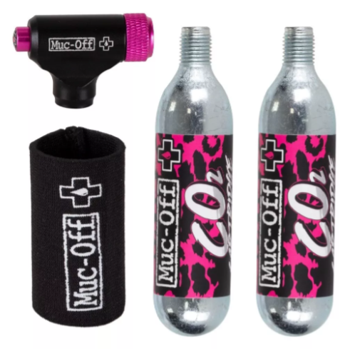 KIT INFLADOR DE CO2 MUC-OFF PARA ROAD GATILHO E 2 16GRAMAS ROSA/PRATA