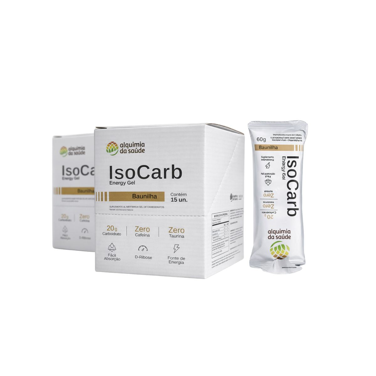 ISOCARB GEL ALQUIMIA DA SAUDE CAIXA COM 15 UNIDADES SABOR BAUNILHA