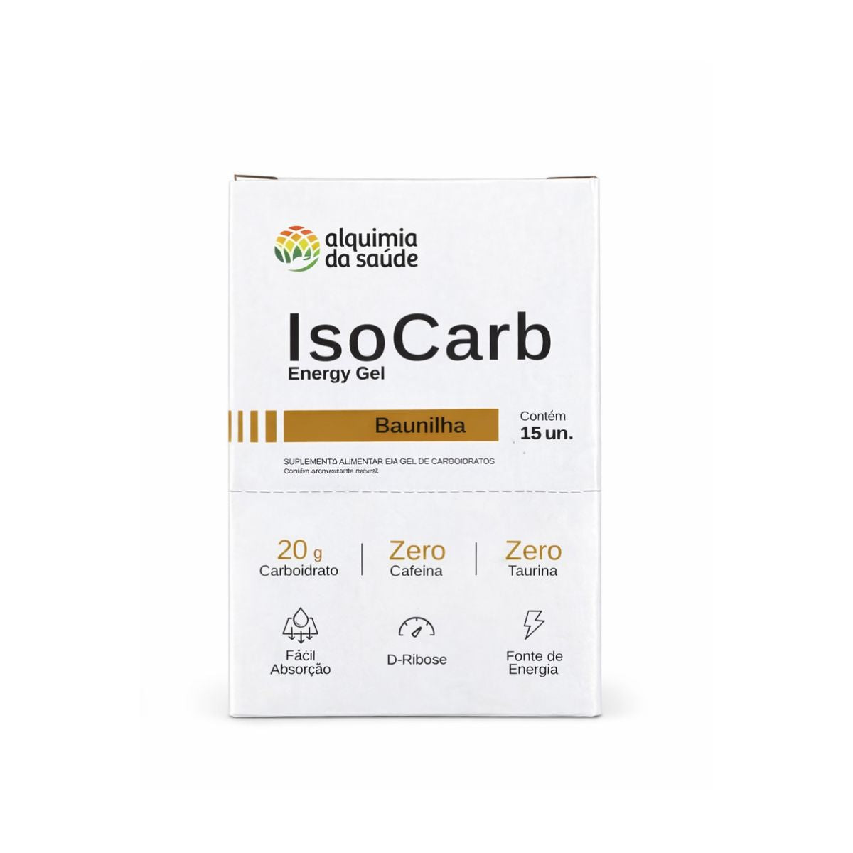 ISOCARB GEL ALQUIMIA DA SAUDE CAIXA COM 15 UNIDADES SABOR BAUNILHA