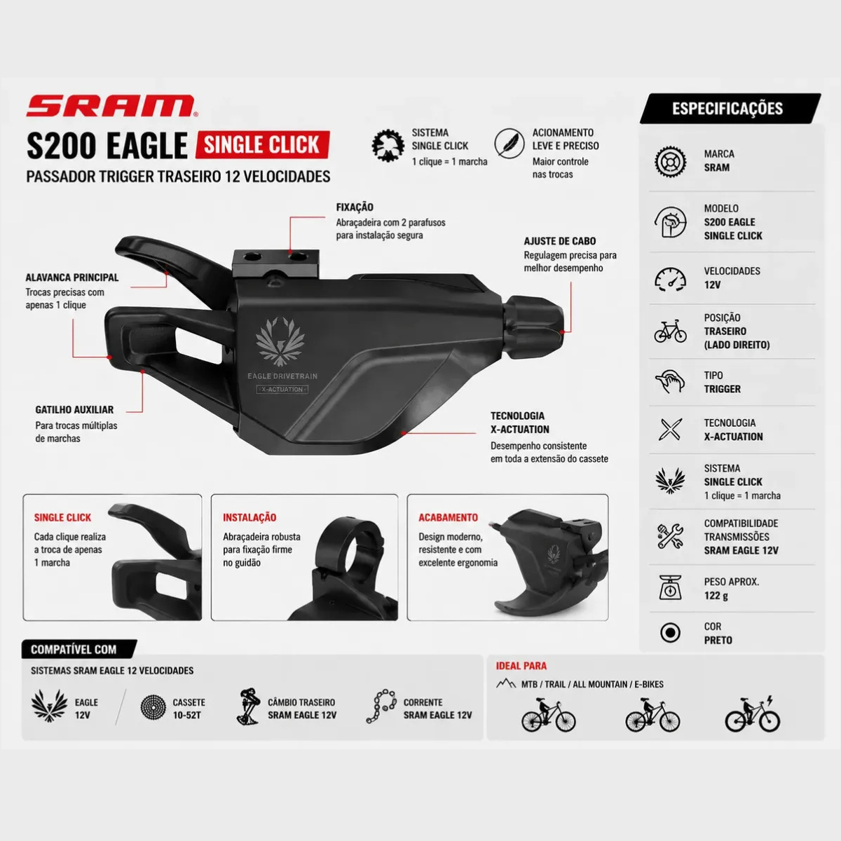 Passador Trigger SRAM S200 Eagle Single Click Trigger, 12 vel. traseiro com abraçadeira integrada Preto